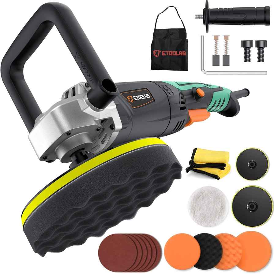 etoolab 24pcs Professional Buffer Polishers - 1200W Rotary Car Buffer Polisher Waxer with 3D Cooling Tech - ETOOLAB 6 Variable Speed Polisher - Detachable Handle - Includes 6 to 7 Inch Polishing Plate for Car Detailing